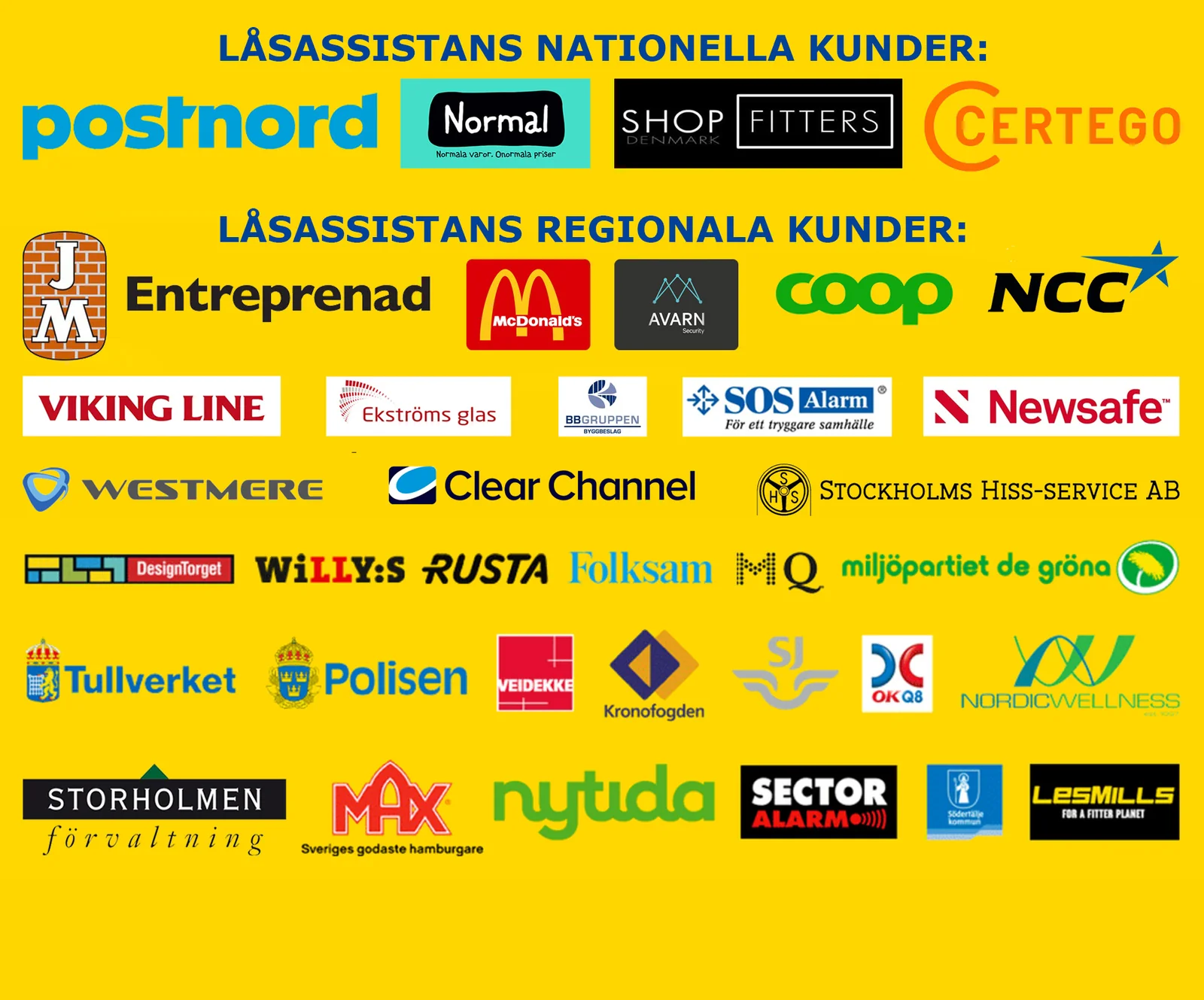 Låsassistans nationella och regionala kunder, bl.a. PostNord, Coop, NCC, Polisen och Tullverket